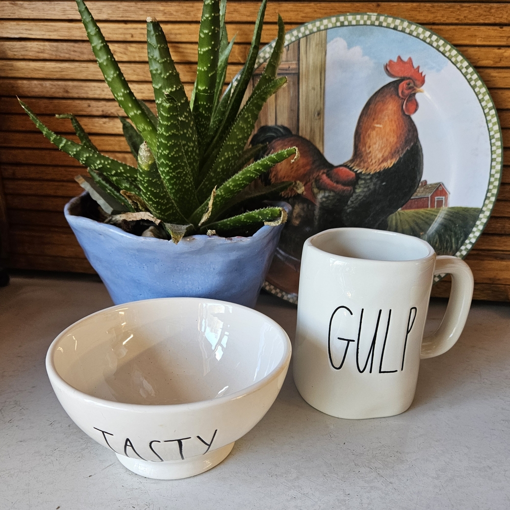 Rae Dunn White Ceramic "TASTY" Bowl and "GULP" Mug Set